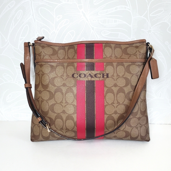 Coach File Bag Brown Varsity Stripe Shoulder Bag In Signature Print - Picture 1 of 16